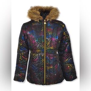 Rothschild | Girls Black Multi Speckled Zip Front Puffer Jacket Faux Fur Hood 6X